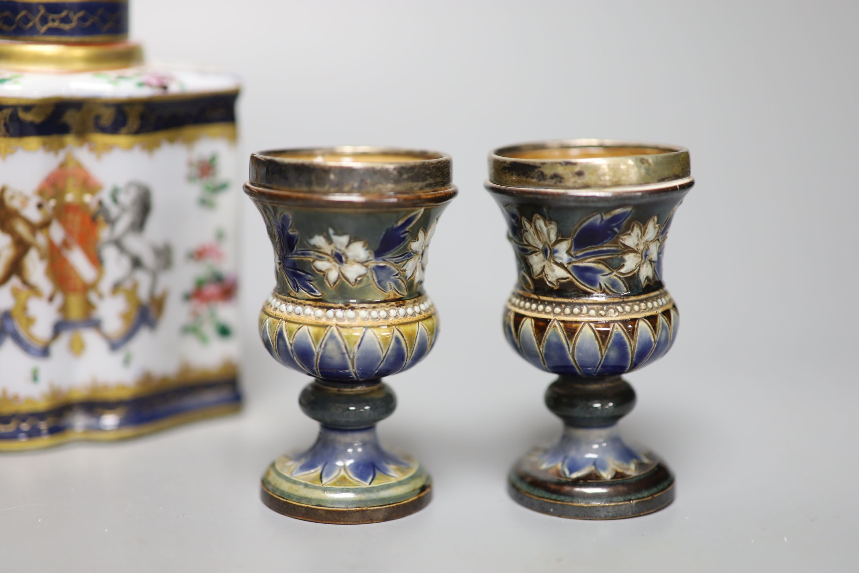 A Samson crested porcelain lidded tea caddy, height 13cm, together with a Limoges lidded porcelain casket,